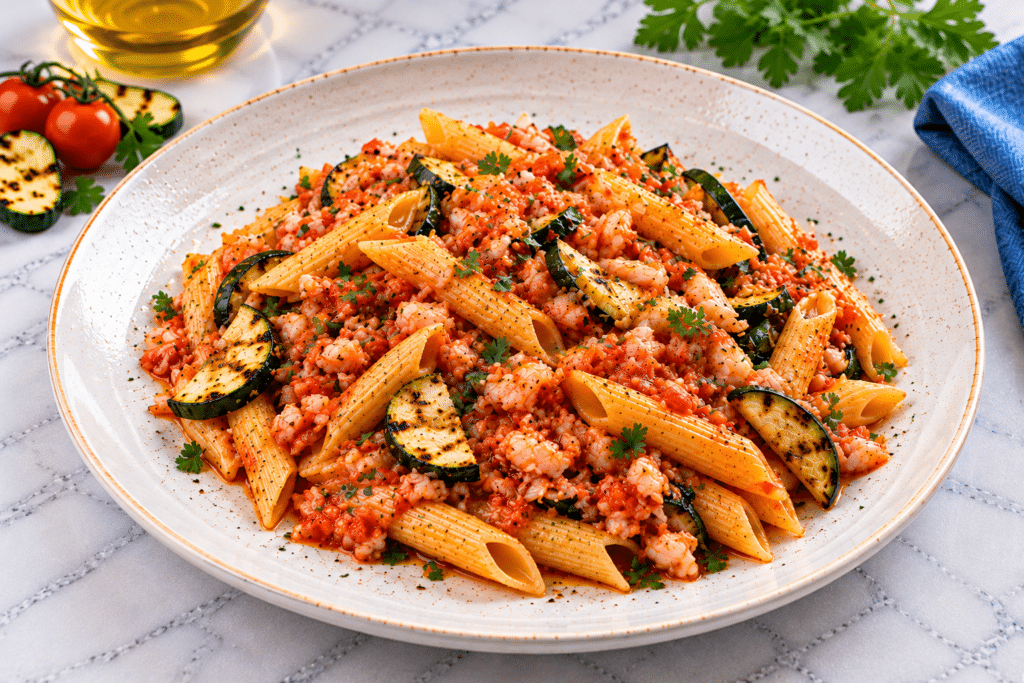 Penne al pomodoro con gamberetti e zucchine